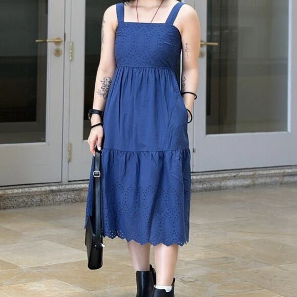 Uniqlo Dresses & Skirts - Uniqlo Blue Cotton Embroidered Smocked Eyelet Lace Dress NEW Size Medium
